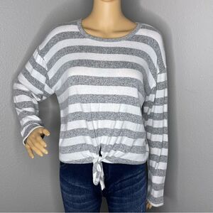 Caution To The Wind Striped Long Sleeve Blouse Heathered Gray And White Medium